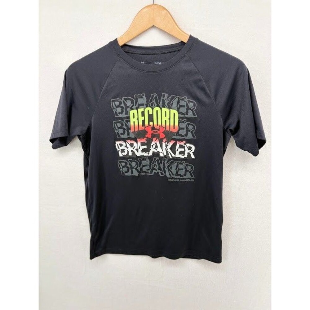 Boys Youth Large Under Armour Dry Fit T Shirt Black "Record Breaker" Graphics